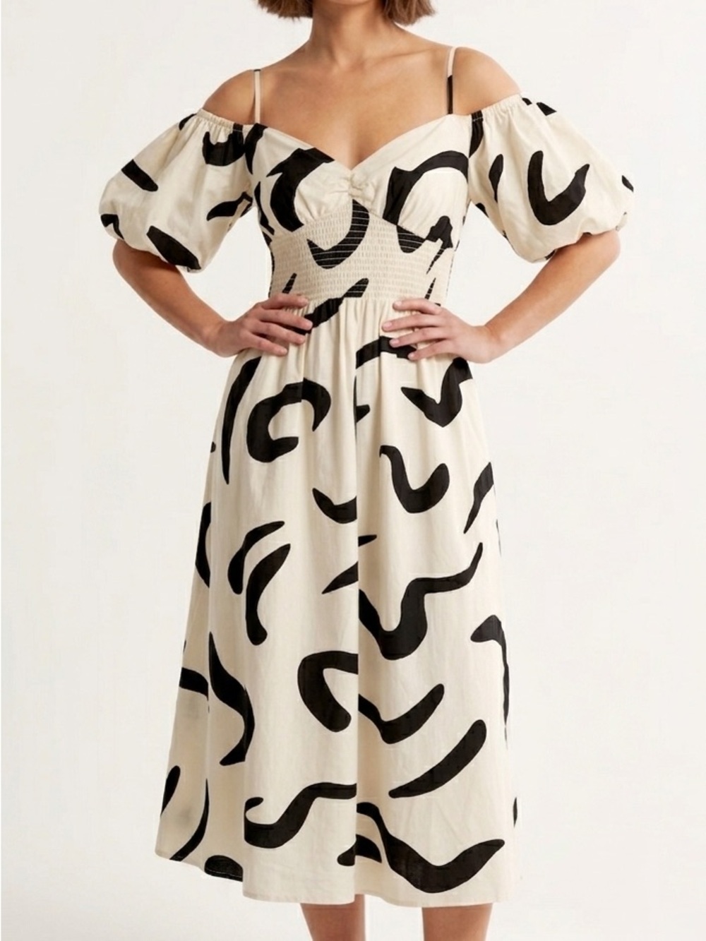 JAPNA New Puffy Sleeve Midi Dress Pockets Abstract Cream Black Empire Waist XS